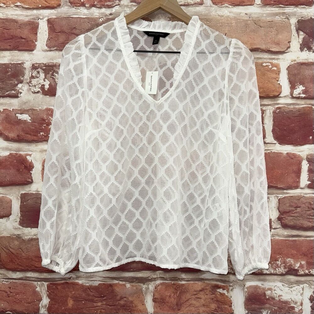 Banana Republic Top Shirt Womens XS White Diamond Abstract Burnout Sheer Popover